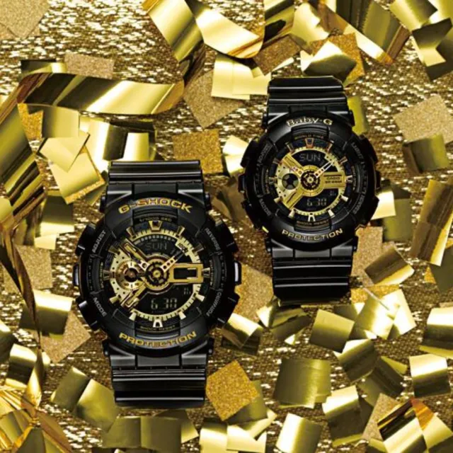 【CASIO 卡西歐】經典黑金重機雙顯電子錶(黑/金 GA-110GB-1A)