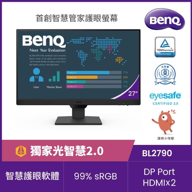  BenQ明基 BL2790 27吋 IPS 面板顯示器，解析度 1920x1080 Full HD，適合 OA 辦公、學生入門使用。高 CP 值護眼款，支援 99% sRGB 色彩、250 nit 亮度、5ms 反應時間。具抗藍光、零閃屏功能，內建喇叭及 VESA 壁掛，HDMI/DisplayPort 輸入介面。三年保固，健康護眼首選！ 