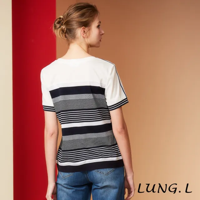 【LUNG.L 林佳樺】LS66A 深藍色粗細條紋拼接白色素面短袖棉質女裝上衣(春夏新品)