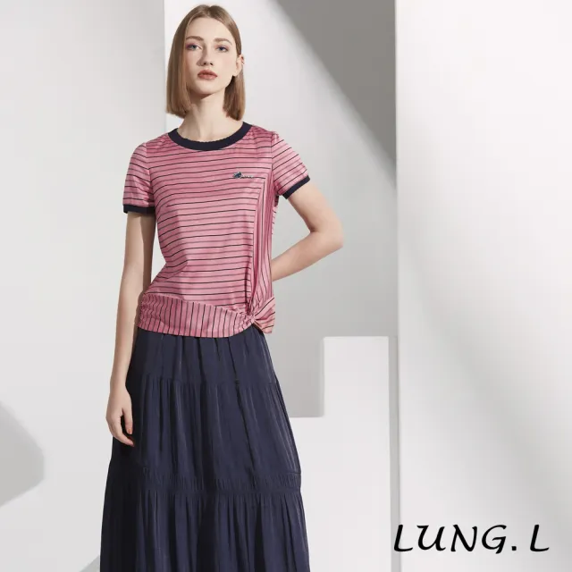 【LUNG.L 林佳樺】LR60A 粉色條紋拼接下擺扭結短袖棉質女裝上衣(春夏新品)