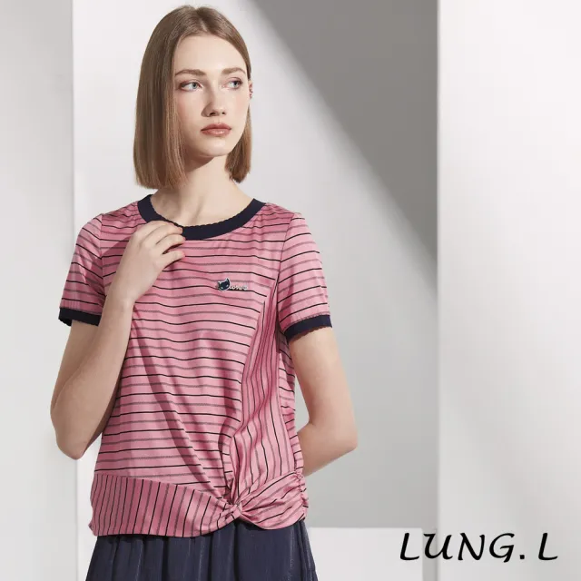 【LUNG.L 林佳樺】LR60A 粉色條紋拼接下擺扭結短袖棉質女裝上衣(春夏新品)