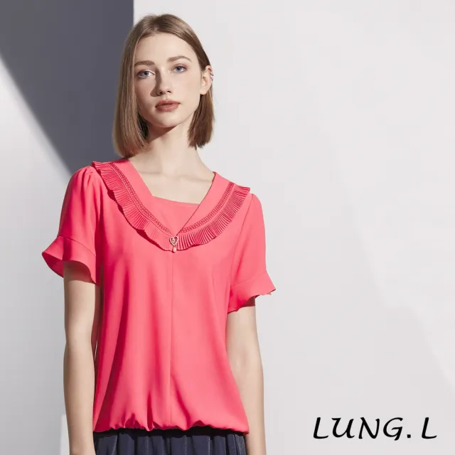 【LUNG.L 林佳樺】LS33A 珊瑚紅造型披領素雅短袖女裝上衣(春夏新品)
