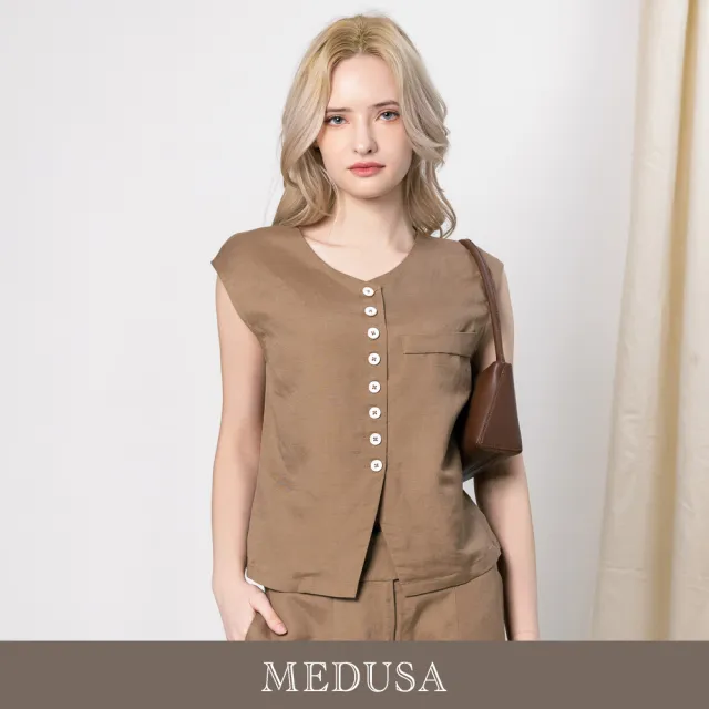 【MEDUSA 曼度莎】現貨-涼感排釦V領亞麻無袖背心 - 2色（M-XL）｜亞麻 夏季(601-5280A)