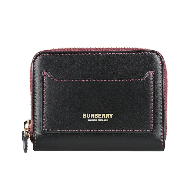 【BURBERRY 巴寶莉】Burberry燙金LOGO拼色拉鍊零錢包(黑x酒紅)