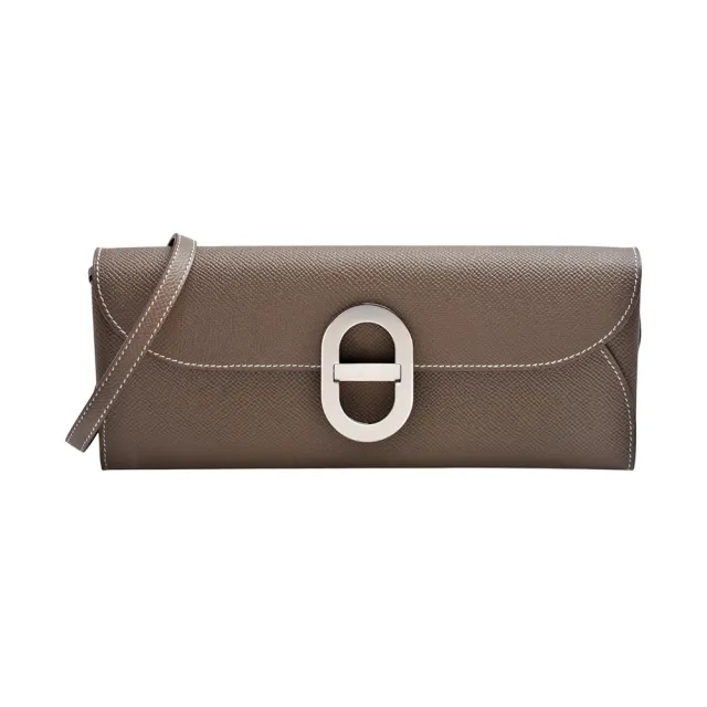 【Hermes 愛馬仕】經典Maillon To Go系列牛皮銀扣錢包/斜背包(大象灰H084021CK-Etoupe)