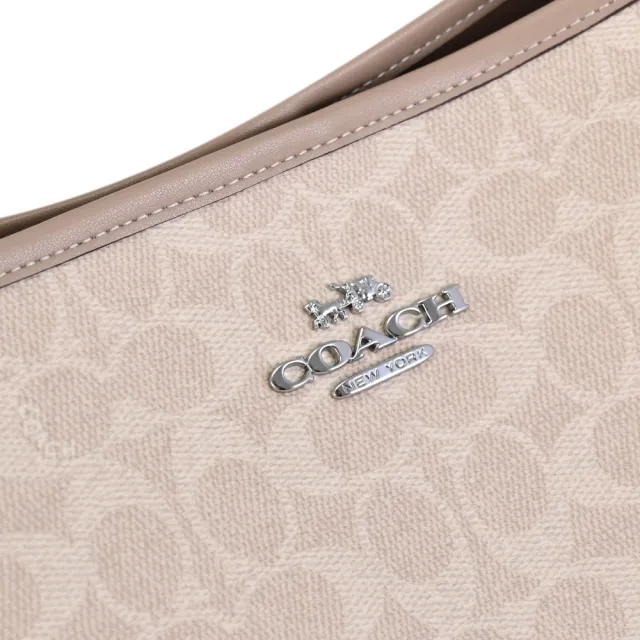 【COACH】經典C字LOGO印花皮革拼接肩背包水桶包兩用包(卡其 大)