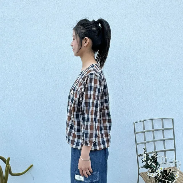 【Hana Mokuba】花木馬日系女裝圓領格紋鬆緊收口上衣(上衣)