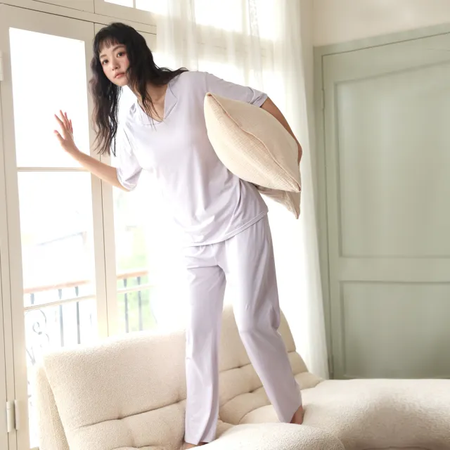 【BODYAIR】涼滑感蠶絲帶胸墊睡衣套裝(一體成型.BRA.居家服.居家褲.CASUAL)
