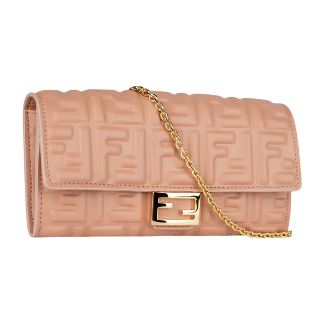 【FENDI 芬迪】FF Logo壓紋小羊皮鍊帶WOC(粉紅色)