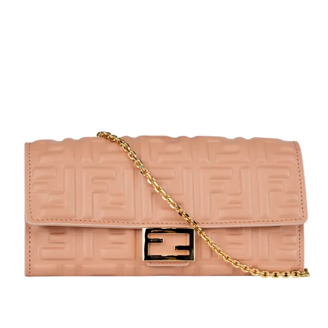 【FENDI 芬迪】FF Logo壓紋小羊皮鍊帶WOC(粉紅色)