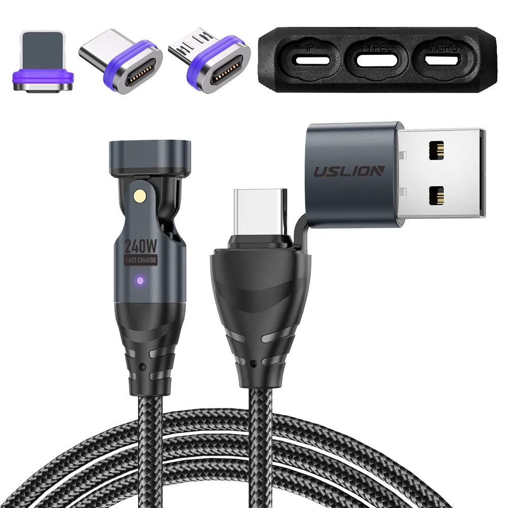 【IS】FC3029 第12代 PD240W 16PIN磁吸180度旋轉頭快充線 1M 車內可用(附三款磁吸頭+收納套)