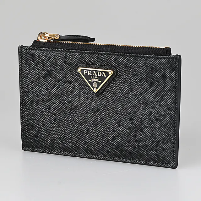 【PRADA 普拉達】PRADA Saffiano 三角牌LOGO十字紋小牛皮5卡拉鍊卡夾(黑)