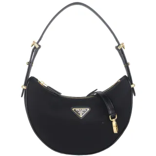 【PRADA 普拉達】Arque 黑色尼龍三角牌皮邊彎月兩用肩背/斜背包(黑色)