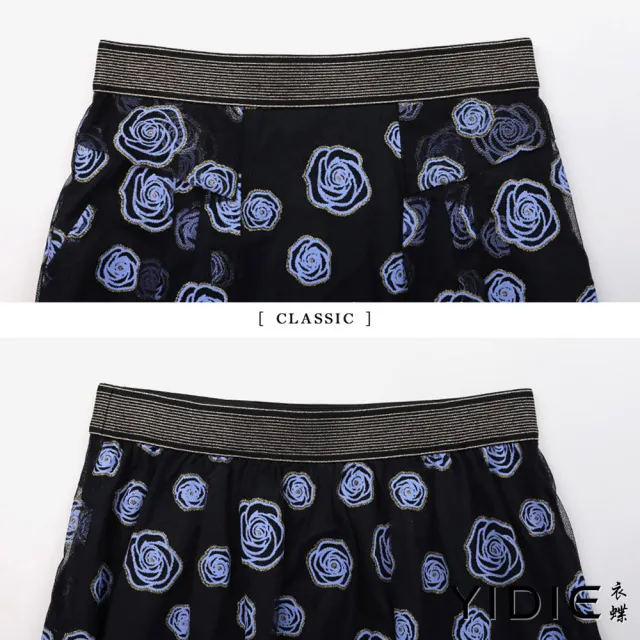 【YIDIE】出清品 金蔥織帶玫瑰網紗長裙-藍
