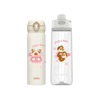 【THERMOS膳魔師】超值2入_奇奇蒂蒂不鏽鋼超輕量彈蓋真空保溫瓶500ml+輕水瓶710ml(JNL-502CAD+TP4329CAD)
