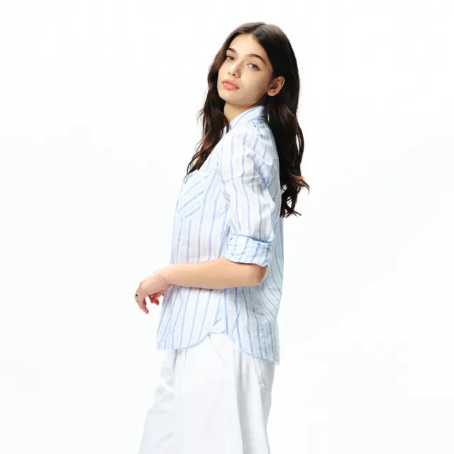 【NAUTICA】官方旗艦 女裝 知性細條紋長袖襯衫(藍白色)