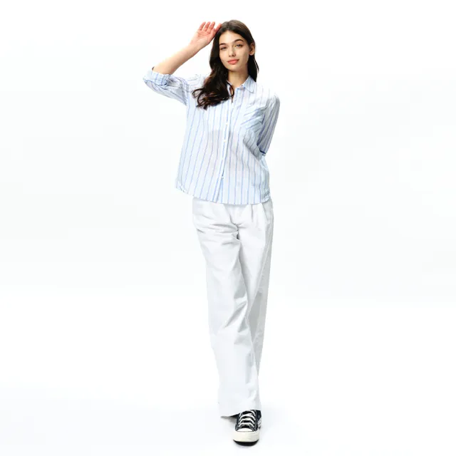 【NAUTICA】官方旗艦 女裝 知性細條紋長袖襯衫(藍白色)
