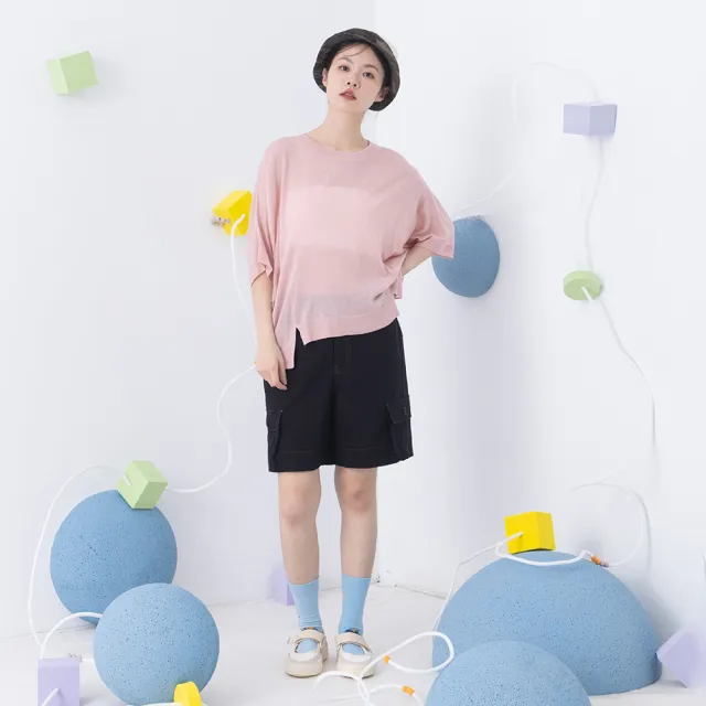 【MOSS CLUB】後鬆緊腰立體寬口袋工裝短褲(黑 白)