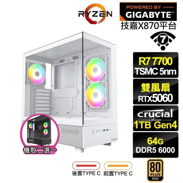 【技嘉平台】R7八核GeForce RTX 5060{極光KD4C}電競電腦(R7-7700/X870/64G D5/1TB/WIFI)