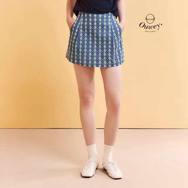 【OUWEY 歐薇】小菱格刺繡純棉蕾絲短褲裙(藍;S-L;3252322462)