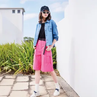 【mia mia】LOGO撞色飾帶五分寬口褲