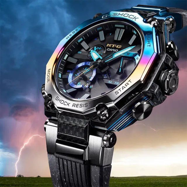 【CASIO 卡西歐】G-SHOCK MT-G 碳纖維 暴風追風者 彩色圈太陽能藍芽手錶 畢業禮物(MTG-B2000YST-1A)