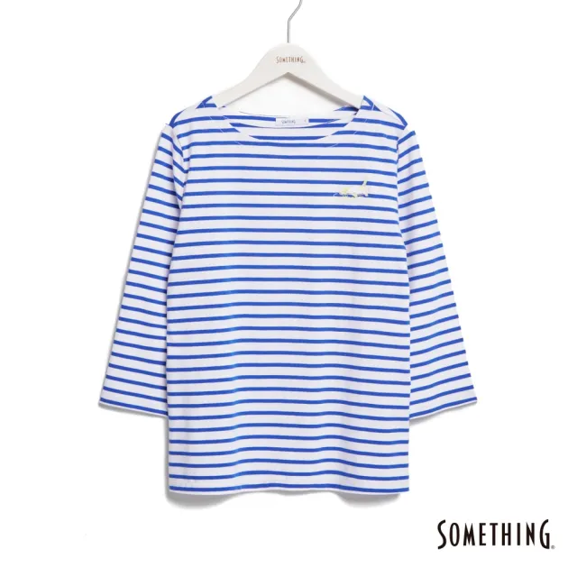 【SOMETHING】女裝 條紋貓咪七分袖T恤(藍色)