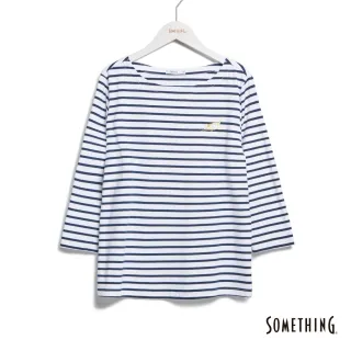 【SOMETHING】女裝 條紋貓咪七分袖T恤(丈青色)