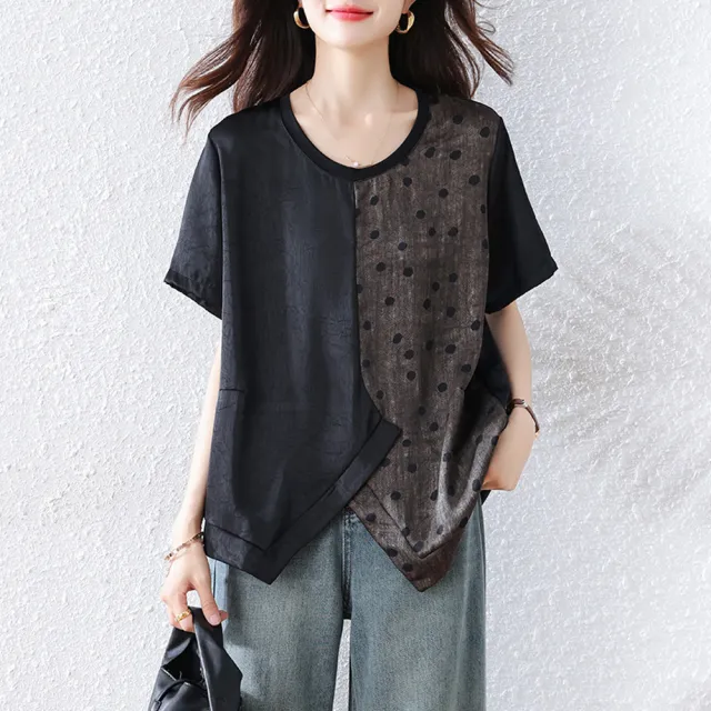 【ALLK 歐楷】新品上架 配色拼接上衣 黑色(尺寸L-XXL/中大尺碼/涼爽/透氣)