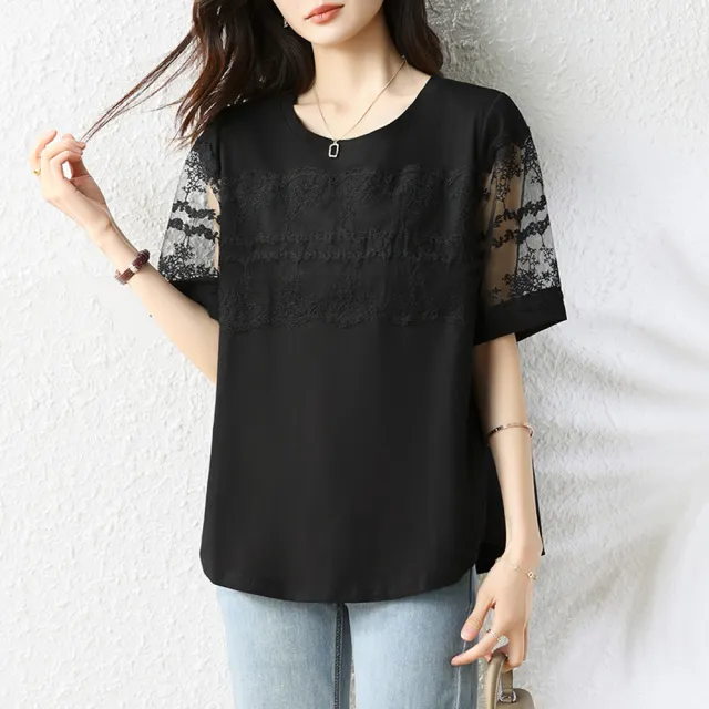 【ALLK 歐楷】新品 蕾絲拼接上衣 黑色(尺寸L-XXL/中大尺碼/涼爽/透氣)