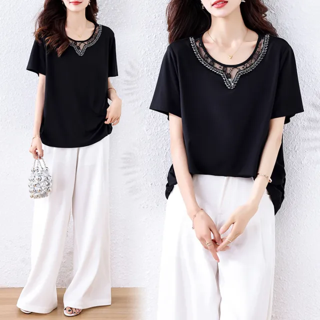 【ALLK 歐楷】新品 釘珠配飾上衣 黑色(尺寸L-XXL/中大尺碼/涼爽/透氣)