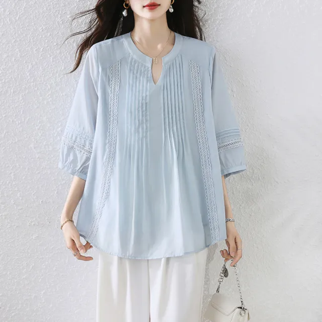 【ALLK 歐楷】新品 刺繡打褶上衣 圖片色(尺寸L-XXL/中大尺碼/涼爽/透氣)