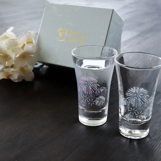 丸モ高木陶器】冷感變色清酒玻璃對杯(禮盒包裝日本製花火櫻花) - momo