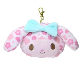 【小禮堂】雙11 Sanrio 三麗鷗 絨毛大臉伸縮票卡零錢包吊飾 櫻花款 Kitty 美樂蒂 酷洛米(平輸品)