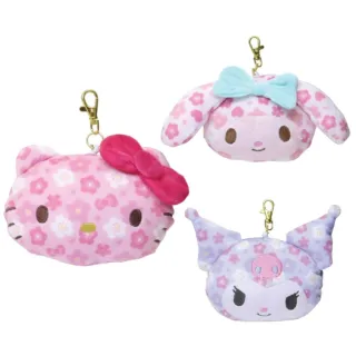 【小禮堂】雙11 Sanrio 三麗鷗 絨毛大臉伸縮票卡零錢包吊飾 櫻花款 Kitty 美樂蒂 酷洛米(平輸品)
