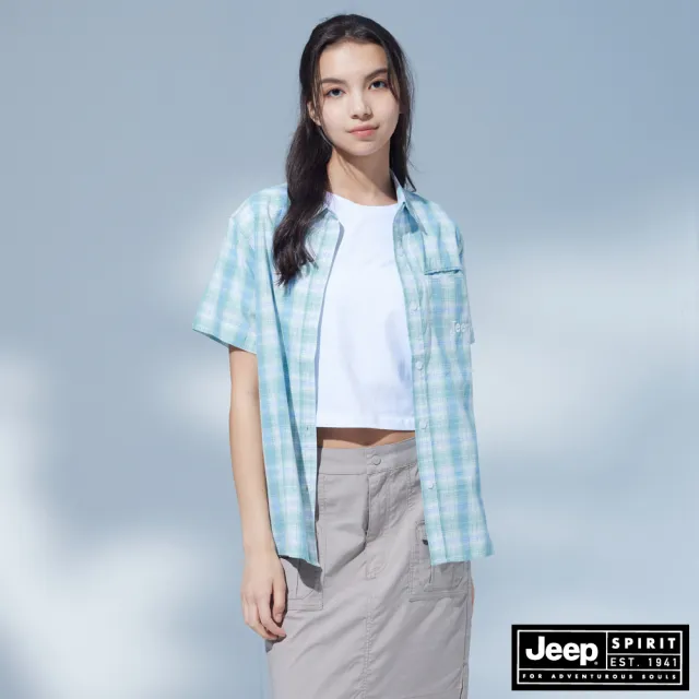 【JEEP】女裝 清新藍調格紋短袖襯衫(藍色)