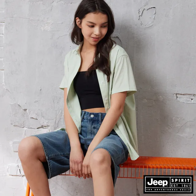 【JEEP】女裝 品牌LOGO刺繡短袖襯衫(綠色)