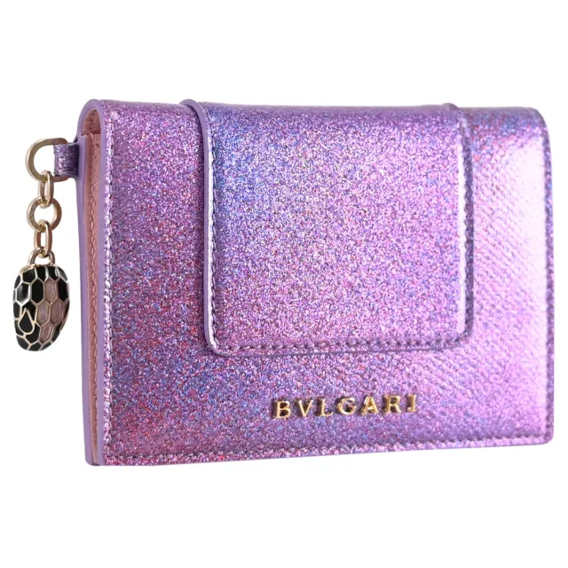 【BVLGARI 寶格麗】品牌經典蛇頭吊飾對折信用卡證件名片卡夾(幻彩紫)