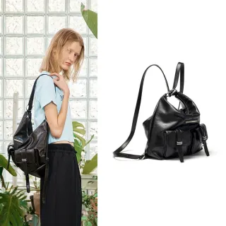 【MATIN KIM】官方旗艦 復古皮革雙口袋兩用包 肩背包 後背包 女包(黑色)