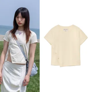 【MATIN KIM】官方旗艦 女版 側開衩鈕扣短版短袖上衣 女短袖(象牙白)