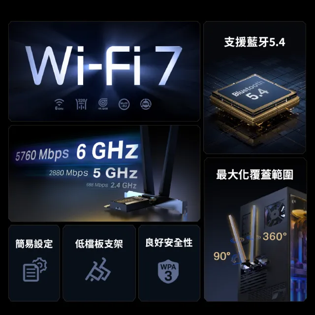 【TP-Link】WiFi 7 BE9300 三頻 藍牙5.4 PCIe網卡(Wi-Fi 7 網路卡/支援Win11/Archer TBE552E)