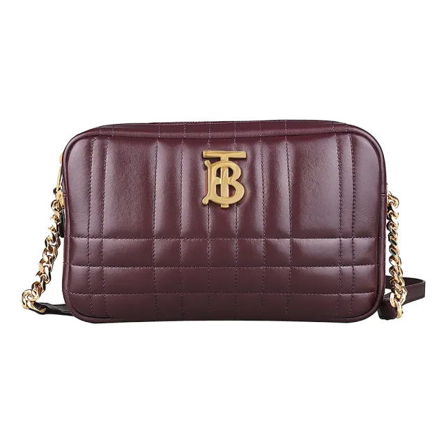 【BURBERRY 巴寶莉】BURBERRY Lola系列金鍊帶絎縫格紋小羊皮斜背/相機包(酒紅)