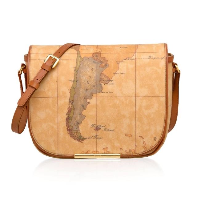 【Alviero Martini】義大利地圖包 磁釦側掀隨身側背包-中(地圖黃)