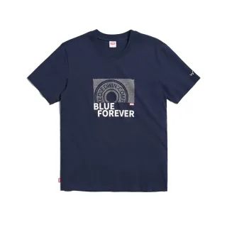 【EDWIN】男裝 立釦印花短袖T恤(丈青色)