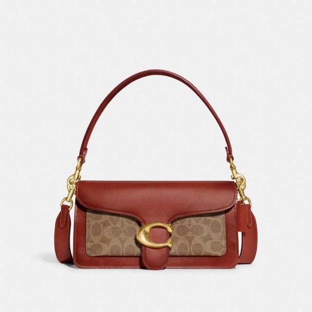 【COACH】蔻馳官方直營 TABBY 26 經典 SIGNATURE 帆布單肩手袋-棕黃色鏽紅色(CI032)