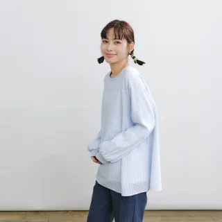 【Dailo】透膚格紋紗假兩件式長袖上衣(藍 白)