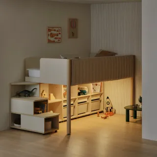 【iloom 怡倫家居】DOODLE 上下舖床架 三層階梯櫃含下方照明+防護墊(床架 單人床架 雙人床架 兒童床架)