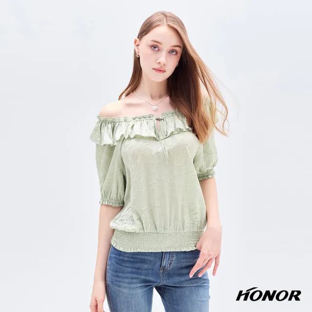 【HONOR 山形屋】出清品 柔美荷葉綁帶鬆緊立體一字領上衣-綠(限定出清)