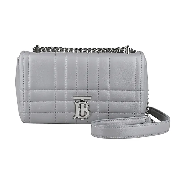 【BURBERRY 巴寶莉】BURBERRY LOLA TB字母LOGO格紋絎縫綿羊皮釦式斜背鍊帶包(雲灰)