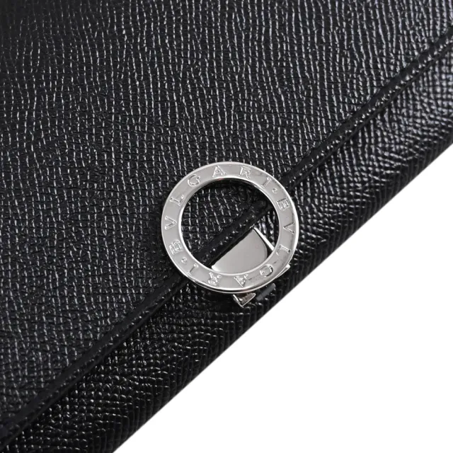 【BVLGARI 寶格麗】簡約金屬釦LOGO牛皮翻蓋發財零錢長夾(黑藍)